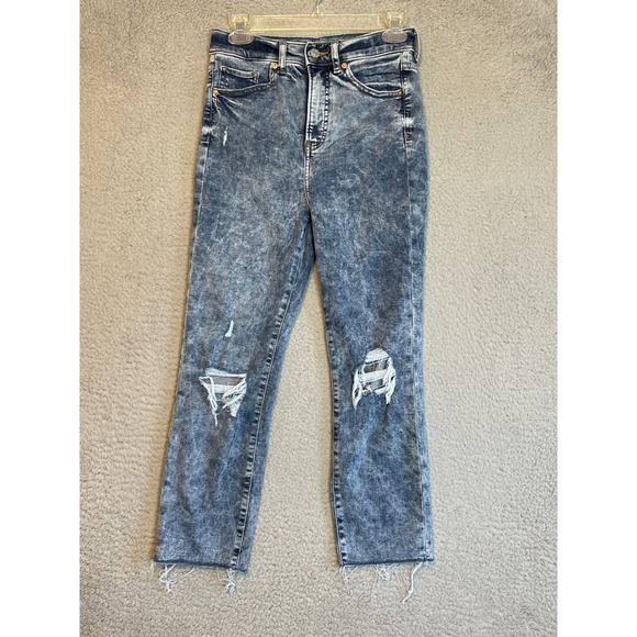 Express Slim Super High Rise Distressed Ripped Hem Blue Wash Jeans Size 2S - Picture 1 of 11